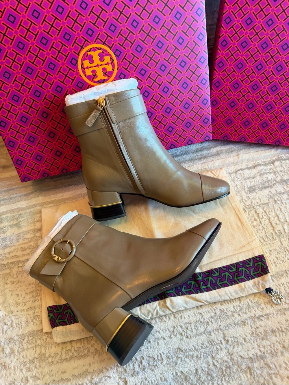 Tory Burch Multi Logo Heel Ankle Boots with Buckle Detail